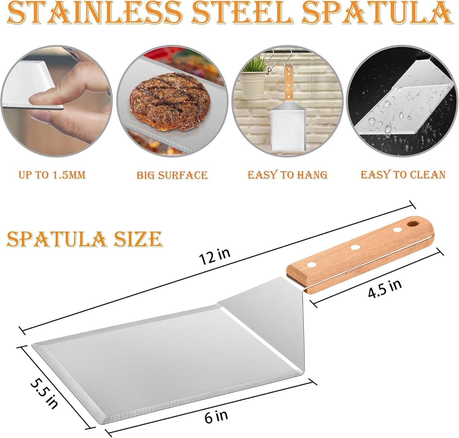 Wooden Metal Spatulas 2Pcs, E-far Professional Large Griddle Spatula Tools Set - Image 2